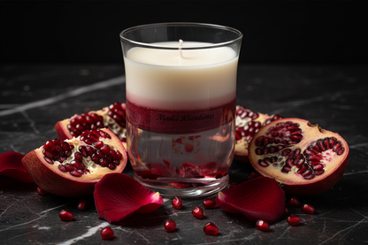 Madd Kreations Pomegranate Lava Candle on dark marble with fresh pomegranate and rose petals