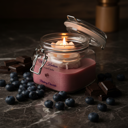 Blueberry Chocolate Luxury Candle lifestyle scene with blueberries and chocolate